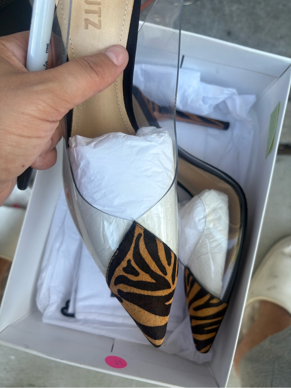 SCHUTZ Zebra-Print Black and Brown Pointed Toe Clear Panel Stiletto Heels - Picture 6 of 8